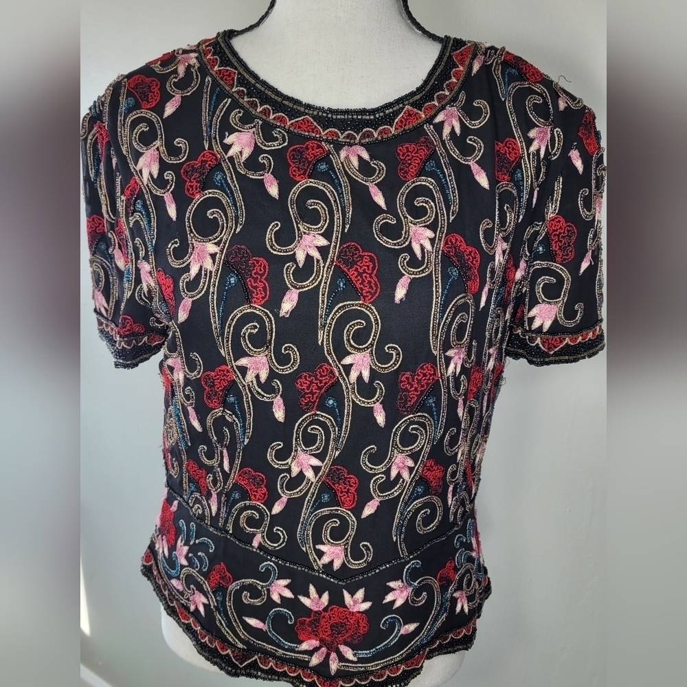 Papell Boutique Evening 100% Silk Beaded Top Medium Vintage